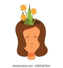Illustration of a woman growing flowers inside her head, representing mental health and mindfulness