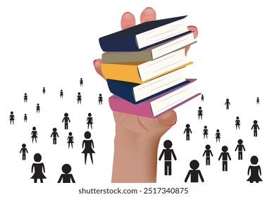 Illustration of a woman hand holding a pile of books over a crowd of people