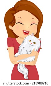 Illustration of a Woman Happily Hugging a Cat