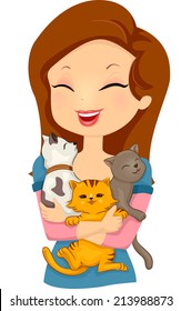 Illustration of a Woman Happily Hugging Cats