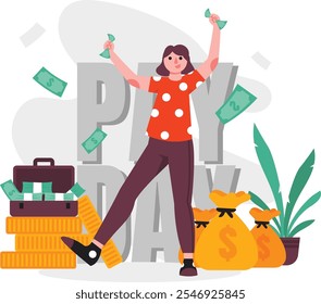 Illustration of a woman are happy to have received their paychecks. Vector illustration with colorful and flat design