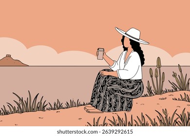 An illustration of a woman in a hat and patterned skirt sitting by a lake, holding a coffee cup, with a serene landscape backdrop.
