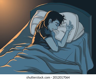 Illustration of a woman having a bad dream at night and iluminated by a dim light ,nightmare - vector