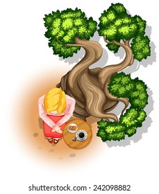 Illustration of a woman having tea under the tree