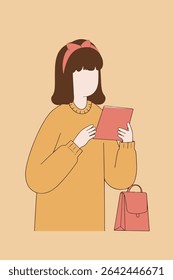 Illustration of a woman with a headband reading a book. She is wearing a yellow sweater and has a pink bag next to her.
