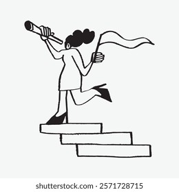 Illustration of a woman in heels running up stairs, holding a flag and a telescope. Success, ambition, and progress depicted in a minimalist style. Simple black line art doodle vector.
