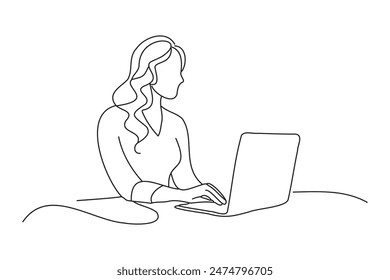 An illustration of a woman at her desk, focused on her laptop screen continuous line art vector illustration