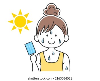 Illustration of a woman with her hair tied up eating popsicles.