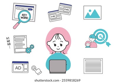 Illustration of a woman and her task of creating a web page