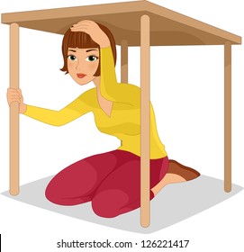 Illustration of a Woman Hiding Under a Table
