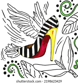Illustration of woman high heeled shoes in the form of colibri surrounded by tropic plants and flowers