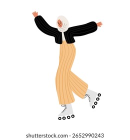 Ilustração de uma mulher em um hijab patinação. Ela usa um suéter preto, uma saia bege plissada e patins. Seus braços estão abertos à medida que ela se move. Ilustração de vetor plano.
