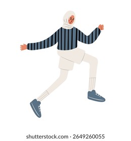Illustration of a woman in a hijab running. She wears a blue striped sweater, a white skirt, and blue sneakers. Her arms and legs suggest fast movement. Flat vector illustration.