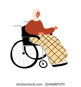Illustration of a woman in a hijab sitting in a wheelchair. She wears a rust-colored sweater, a long beige plaid skirt, and brown shoes. She appears relaxed. Flat vector illustration.