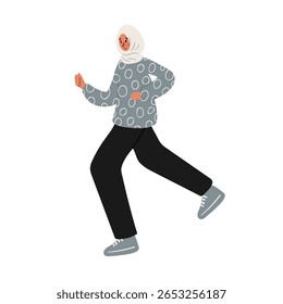 Illustration of a woman in a hijab walking. She wears a blue patterned sweater, black pants, and sneakers. Her posture suggests a casual stroll. Flat vector illustration.