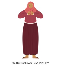 Illustration of a Woman in Hijab Wearing Maroon Outfit Showing Heart Gesture