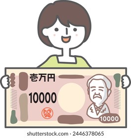Illustration of a woman holding a 10000 yen bill in her hand