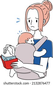 Illustration of a woman holding a baby while holding a baby and paying with cash