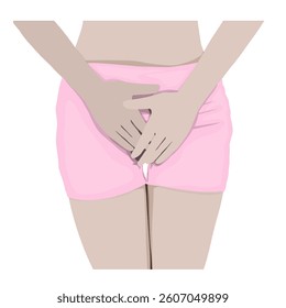 illustration of a woman holding back to cover her genital area in the groin area with her hands without a background