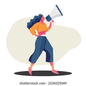 illustration of a woman holding a big megaphone, concept of protest and female strength.