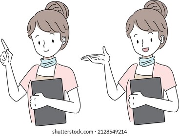 Illustration of a woman holding a binder and explaining and guiding