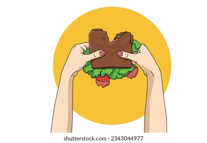 ilustración de una mujer sosteniendo un sándwich mordido. Concepto de promoción de sandwich