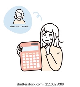 Illustration of a woman holding a calculator and thinking about money in old age. Vector.