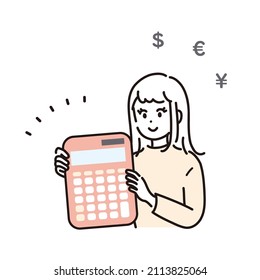 Illustration of a woman holding a calculator. Vector.