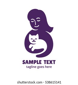 Illustration of woman holding cat, simple and stylish silhouette logo. Veterinarian, pet care concept.