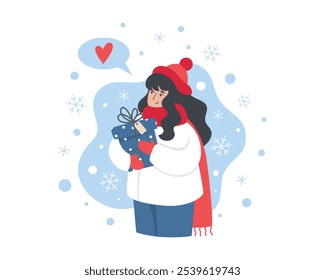 Illustration of woman holding a Christmas gift. Holiday gift giving moment