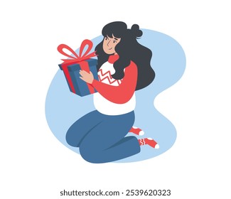 Ilustración de mujer sosteniendo un regalo de Navidad en sus manos. Momento festivo reconfortante