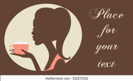 Illustration of a woman holding a cup of cappuccino. Business card template.