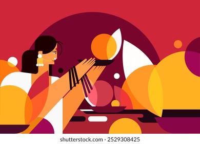 Illustration of a woman holding a Diwali festival lamp.