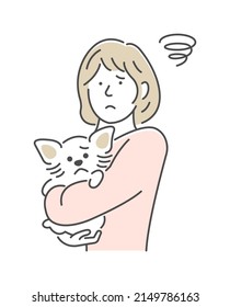 Illustration of a woman holding a dog | confused, puzzled