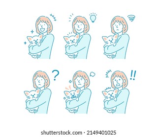 Illustration of a woman holding a dog  Emotional expression variation set