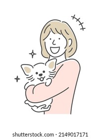 Illustration of a woman holding a dog | glad, laughing