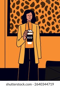 Illustration of a woman holding an eco-friendly drink, dressed in stylish orange attire, standing against a vibrant animal print background, showcasing modern sustainable lifestyle choices