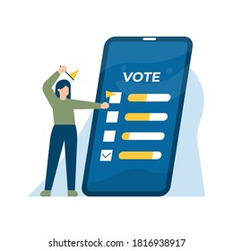 illustration of a woman holding a flag and standing next to a smartphone and also telling her to select several options. the concept of voting, surveys, checklists, and questionnaires. mobile app