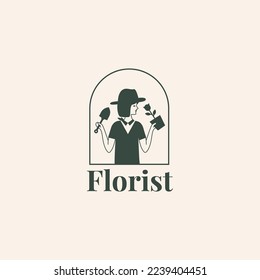 Illustration of woman holding garden shovel and flower pot. Florist gardener girl vector badge logo icon sign symbol