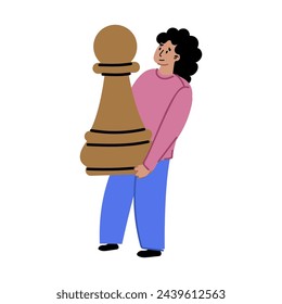 An illustration of a woman holding a giant pawn figure. People playing chess concept. Isolated on white.
