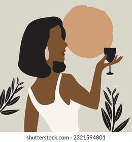 ilustración de una mujer sosteniendo un vaso de vino. arte femenino boho. imagen elegante y minimalista. silueta de mujer. empoderamiento femenino. celebración