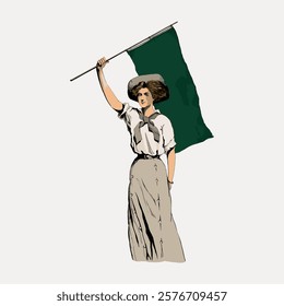 Illustration of a woman holding a green flag, wearing a long skirt and blouse. The woman stands confidently, symbolizing strength and determination. Vintage illustration isolated on white, vector.