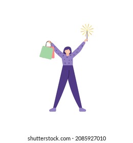 illustration of a woman holding a grocery bag and fireworks. celebrating the end of the year promo. shopping and women. flat cartoon style. vector design