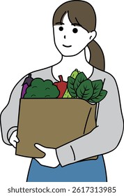 Illustration of a woman holding grocery shopping vegetables