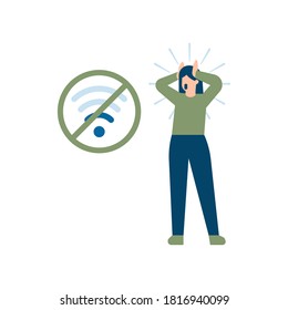 illustration of a woman holding her head and being shocked or surprised that the internet cannot be used. the concept of no signal and no wifi network. flat style. the internet is prohibited. design