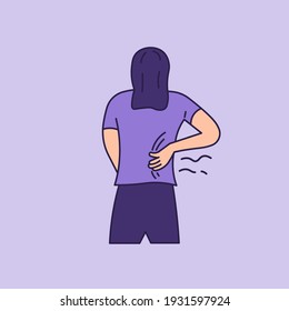 illustration of a woman holding her lower back or waist. suffer from back pain, kidney failure, muscle pain, rheumatism. people affected by the disease. outline or line style. minimalistic vector desi