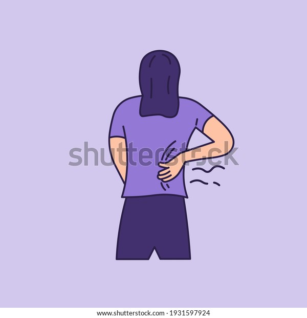 illustration of a woman holding her lower back or\
waist. suffer from back pain, kidney failure, muscle pain,\
rheumatism. people affected by the disease. outline or line style.\
minimalistic vector\
desi