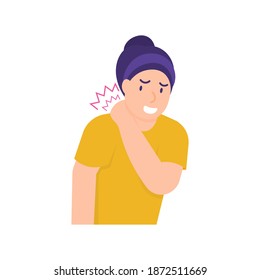 illustration of a woman holding her neck because the neck feels stiff and sore. experiencing neck pain, muscle pain, osteoarthritis, pinched nerves, rheumatism, and fibromyalgia. flat style design