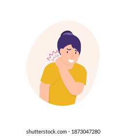 illustration of a woman holding her neck because the neck feels stiff and sore. experiencing neck pain, muscle pain, osteoarthritis, pinched nerves, rheumatism, and fibromyalgia. flat style design