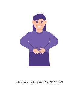 illustration of a woman holding her stomach in pain or aches. painful menstruation, colds, hunger, ulcers. flat style. people illustration vector design